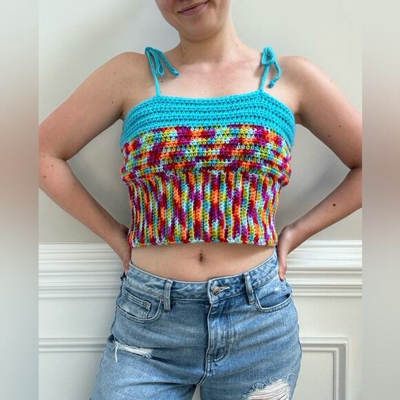 Handmade Crochet Adjustable Tie Strap Crop Top 100% Recycled Rainbow Tank Cami L - Picture 1 of 13